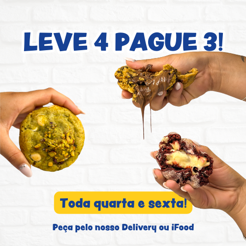 Banner promocional com oferta "Leve 4 Pague 3" em cookies doces da Sugar Club às quartas e sextas
